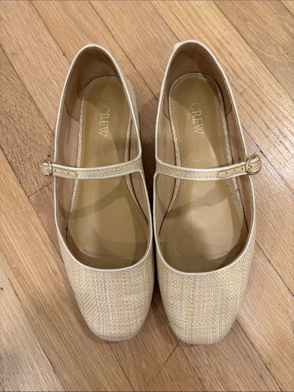 J. Crew Beige Woven Mary Jane Flats with Gold Buckles